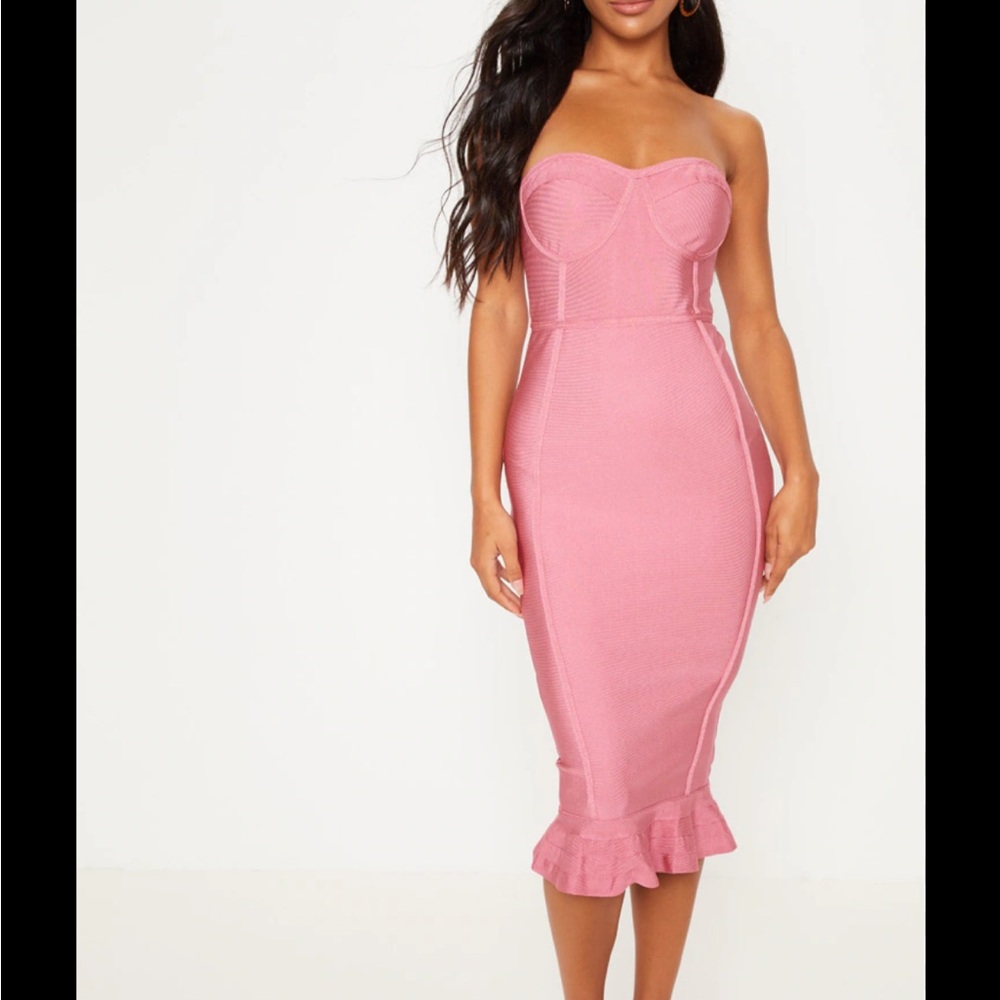 BRAND NEW ROSE FRILL HEM BANDAGE MIDI DRESSl